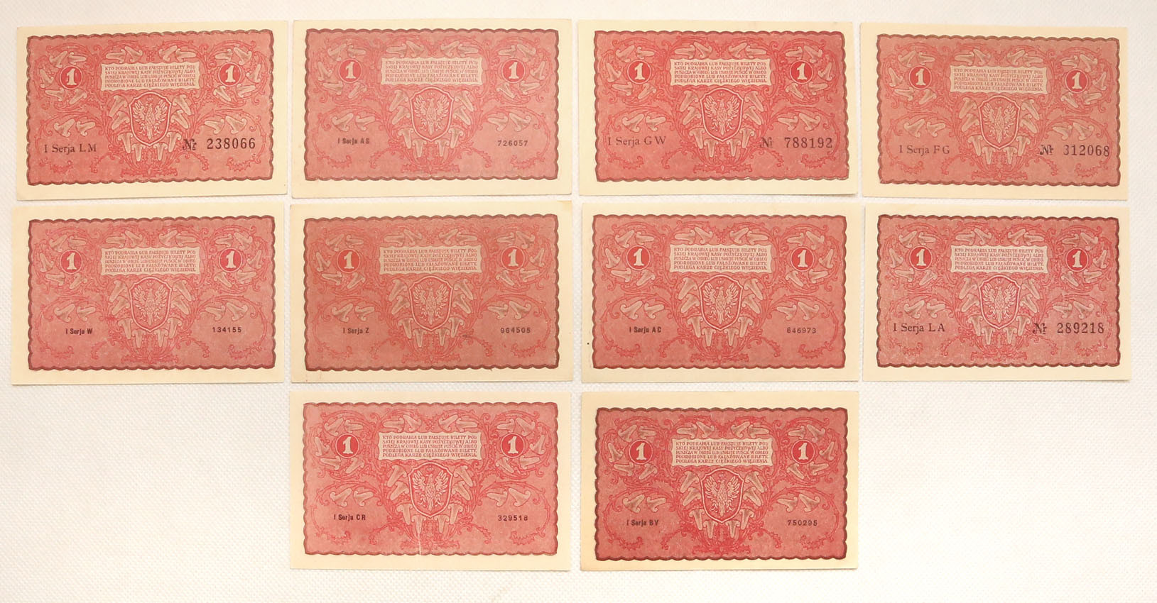1 marka polska 1919, zestaw 10 banknotów